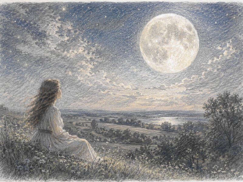 Mondnacht, Frau betrachtet den Vollmond