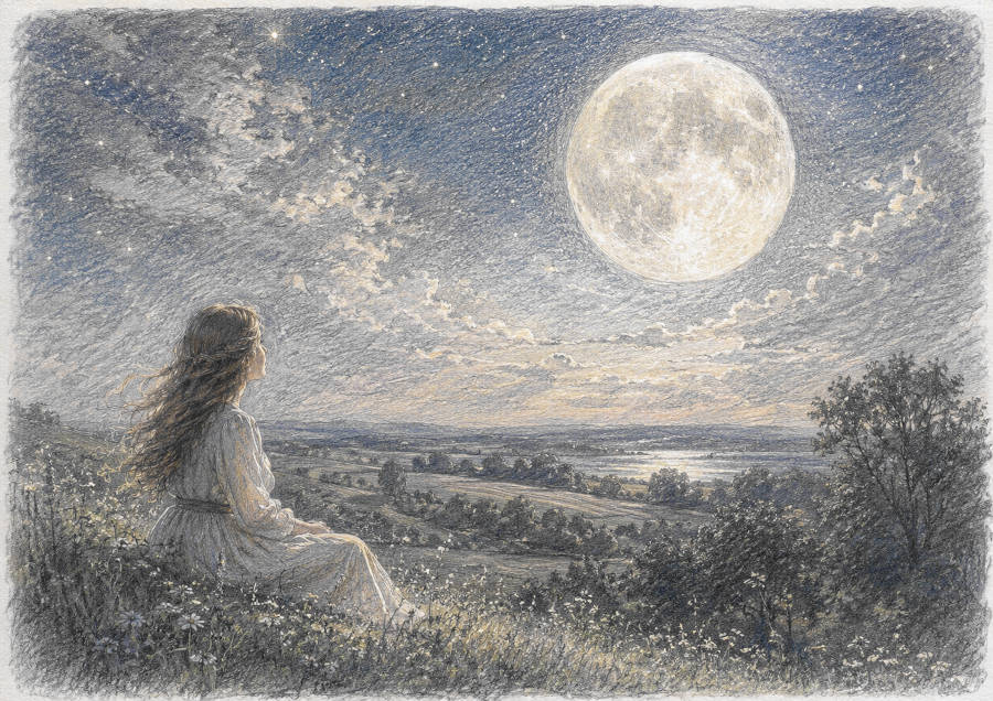Mondnacht, Frau betrachtet den Vollmond