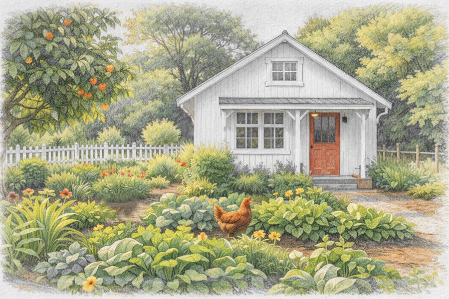 Selbstversorgergarten vor kleinem Haus