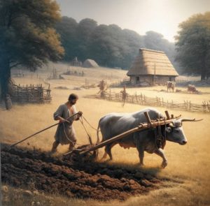 Steinzeit-Bauer der pflügt