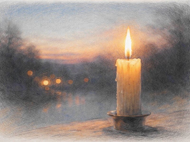 Kerze am Fenster, draußen Winterlandschaft