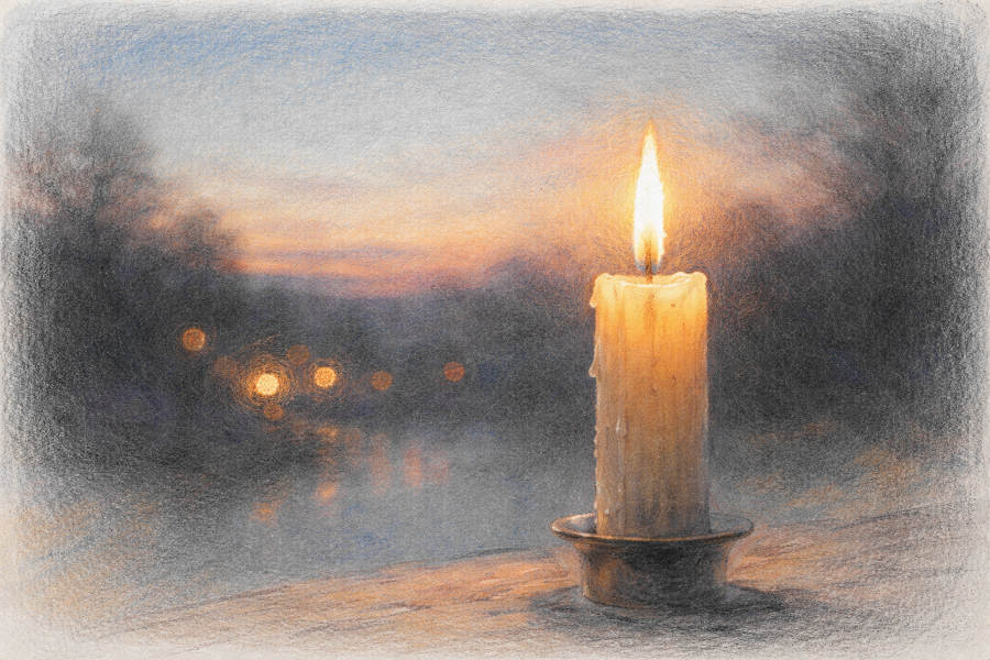 Kerze am Fenster, draußen Winterlandschaft