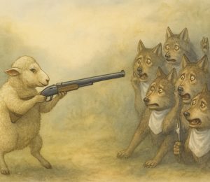 Schaf mit Gewehr und Wölfe