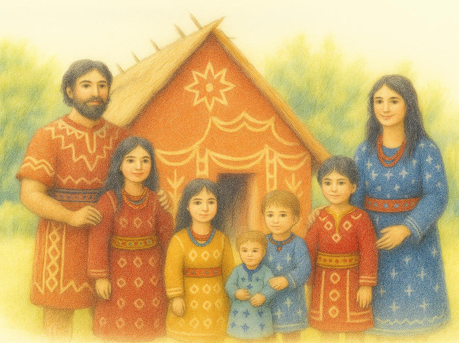 Vinča-Familie vor ihrem Haus