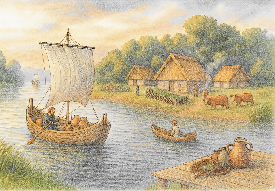 Dorf an einem Fluss gelegen