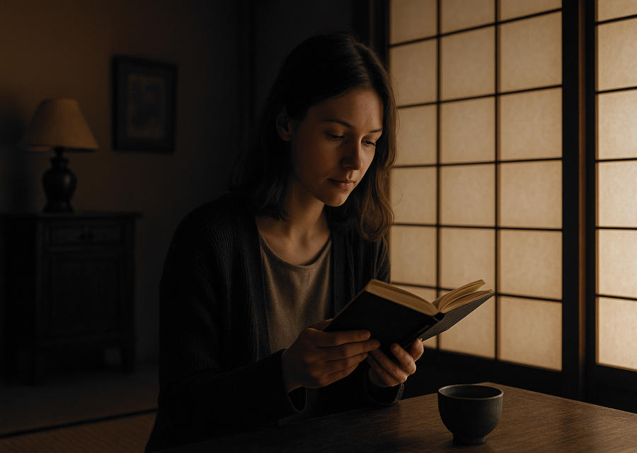Lesende Frau in japanischen Zimmer