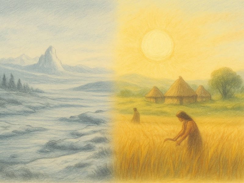 Symbolbild mit Eiszeitlandschaft und sonnenwarmen Feldern