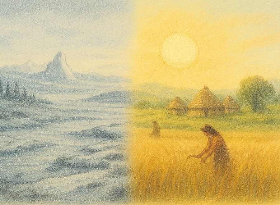 Symbolbild mit Eiszeitlandschaft und sonnenwarmen Feldern