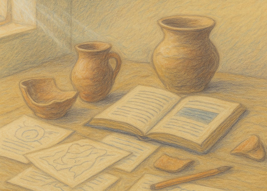 Archäologische Artefakte Buch und zeichnungen auf dem Tisch