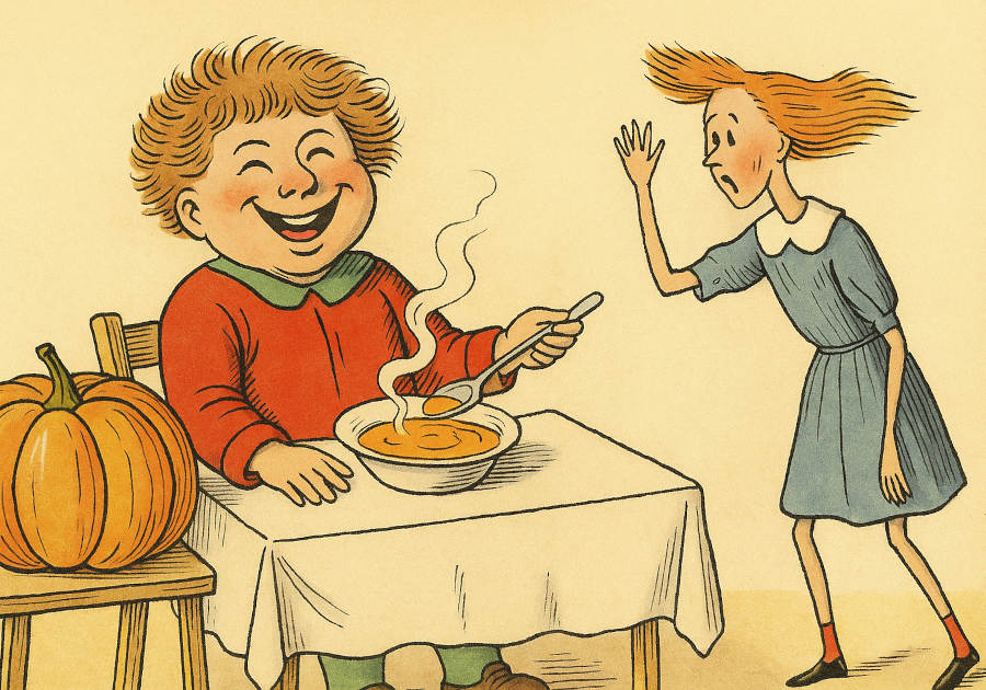 Suppenkaspar mit Kürbisssuppe, Kinderbuchbild