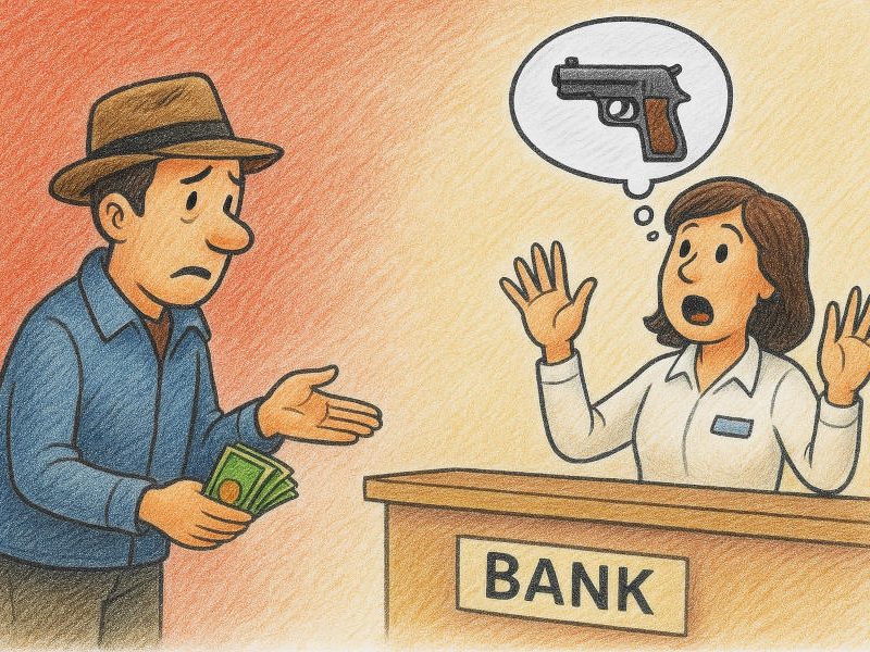 Bargeldeinzahlung Satirebild, Angestellte fühlt sich berdoht