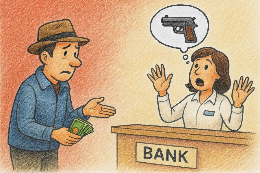 Bargeldeinzahlung Satirebild, Angestellte fühlt sich berdoht