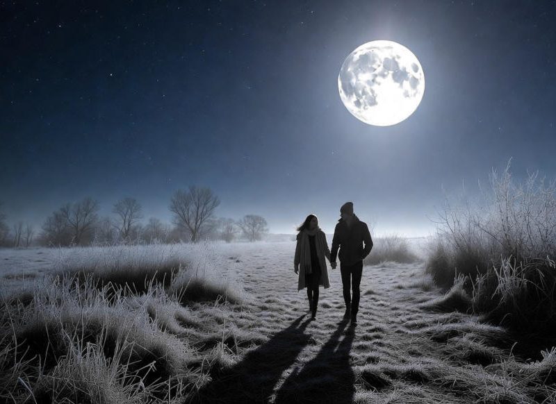 Julmond Paar spaziert in kühler Nacht