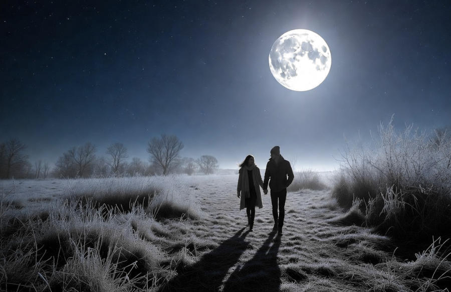 Julmond Paar spaziert in kühler Nacht