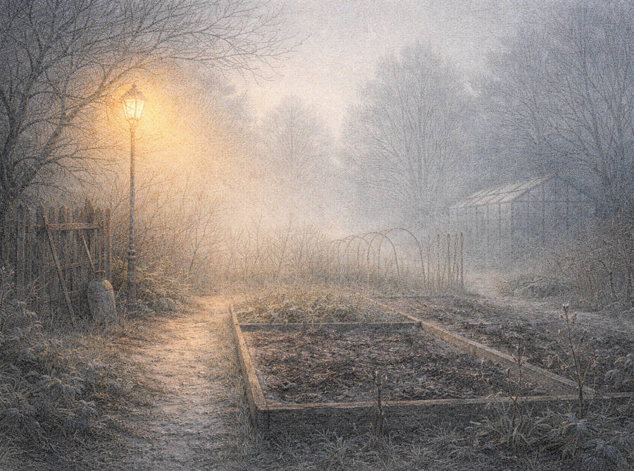 Stiller Garten in winterlicher Frostnacht