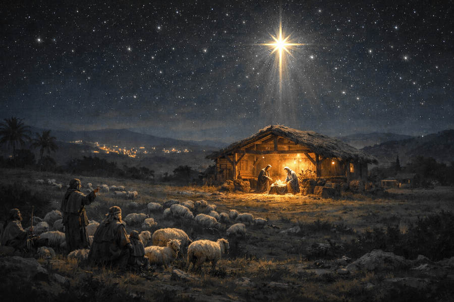 Hirten mit Schafen vor dem Stall mit der Krippe
