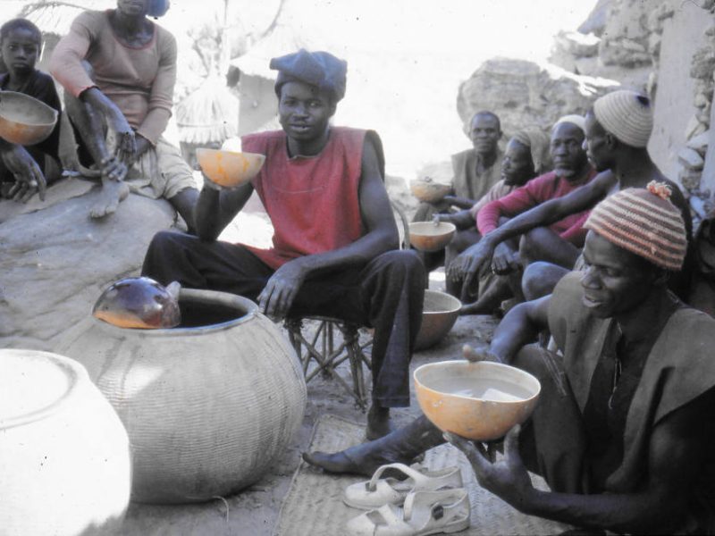 Dogon-Männer, die aus Kürbisschalen Bier trinken