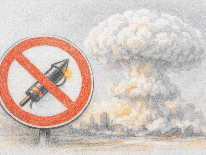 Warnschild mit Böllerverbot und in der Ferne ein Atompilz