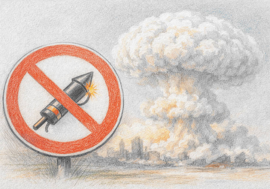Warnschild mit Böllerverbot und in der Ferne ein Atompilz