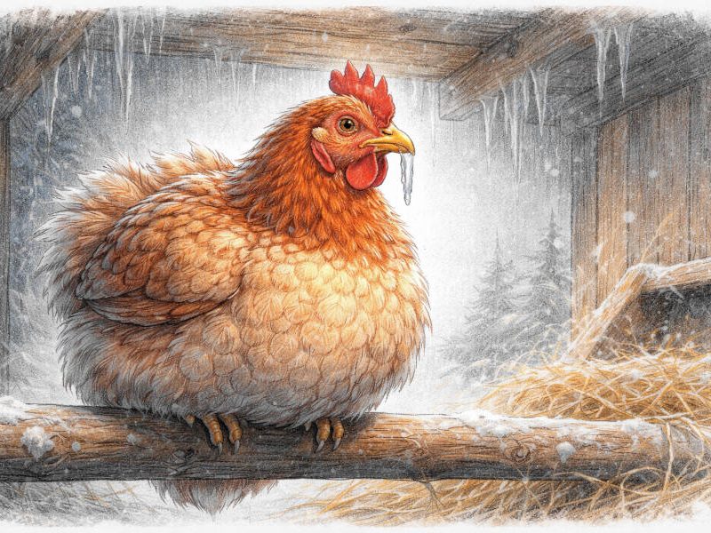 Henne auf der Stange mit Eiszapfen am Schnabel