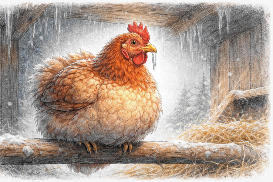 Henne auf der Stange mit Eiszapfen am Schnabel