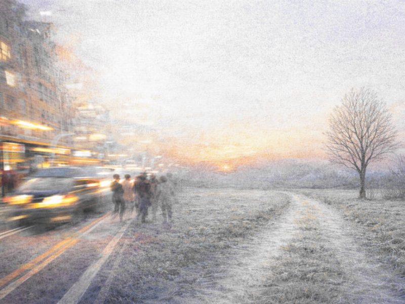 Hektische Szene in der Stadt und ruhige Landschaft