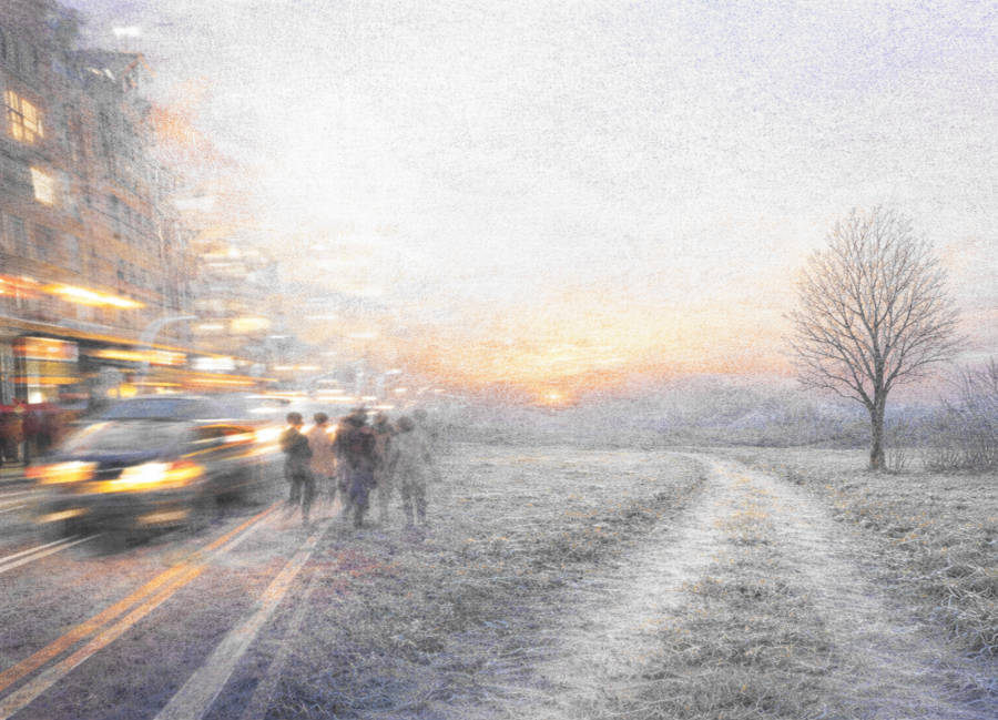 Hektische Szene in der Stadt und ruhige Landschaft