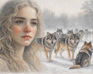 Junge Faru und Wolfsrudel im Schnee