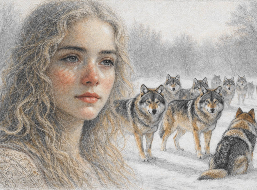 Frau im Vordergrund, dahinter Wolfsrudel im Schneee