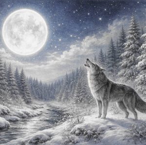 Wolf heult den Vollmond an