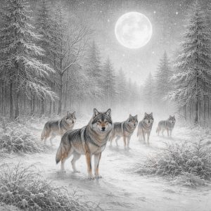 Wolfsrudel und Vollmond überd dem winterlichen Wald