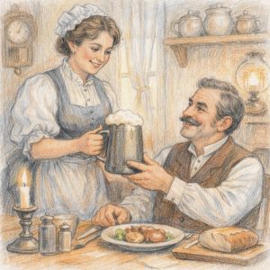 Hausfrau serbviert dem Gatten Bier