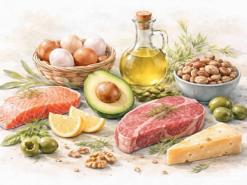 Keto-Lebensmittel, Fisch, Nüsse, Fleisch, Eier, Öl...