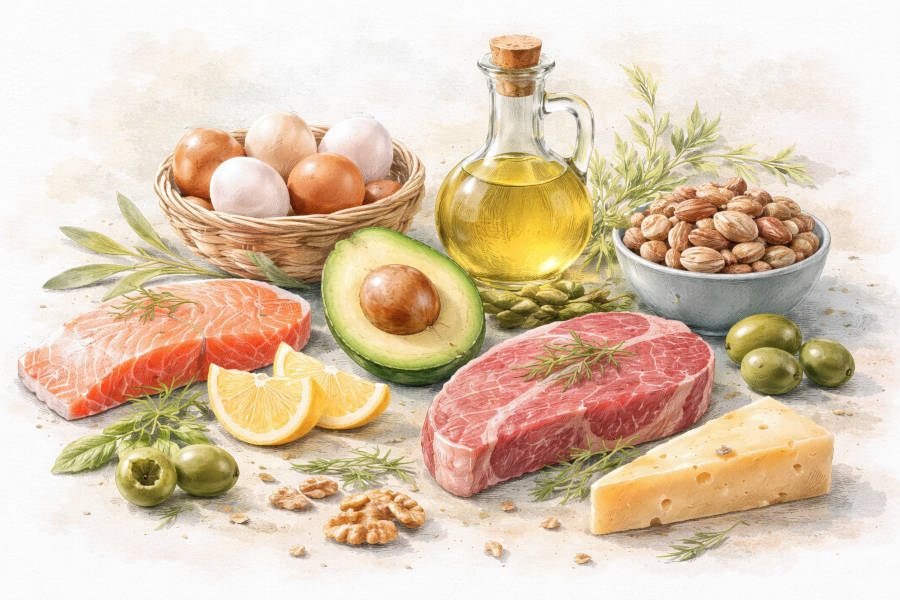 Keto-Lebensmittel, Fisch, Nüsse, Fleisch, Eier, Öl...