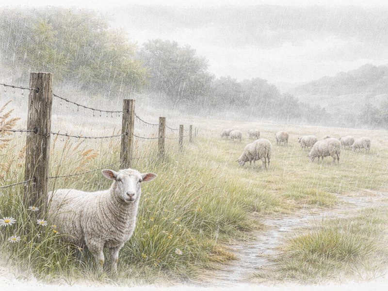 Geschorene Schafe im Regen