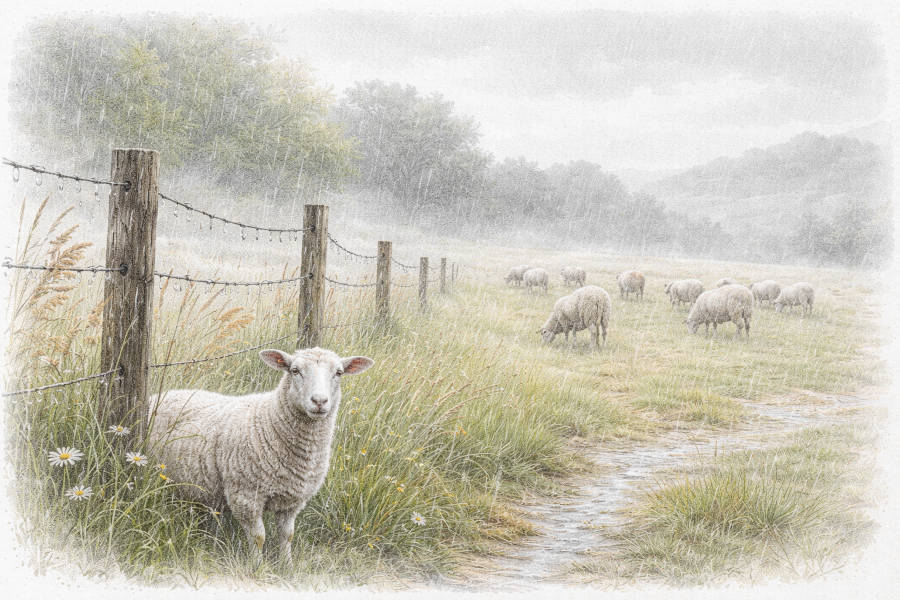 Geschorene Schafe im Regen