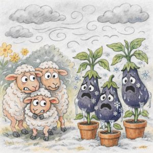 Schafskälte und frierende Schafe und Auberginen