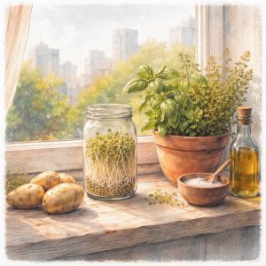 Festerbank mit duftenden Kräutertopf 