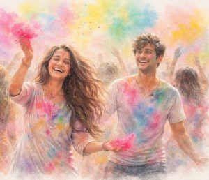 Holi-Fest, fröhliche Mneschen