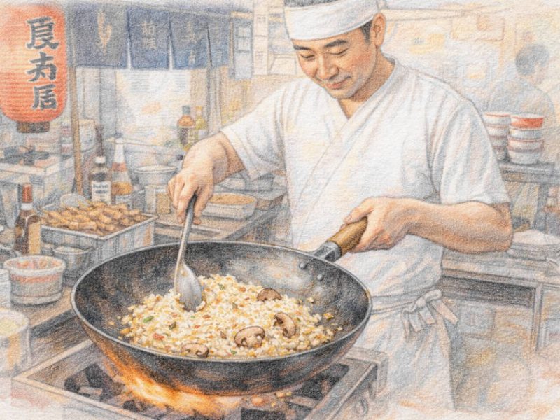 Japanischer Streetfoodkoch brät Reis im Wok