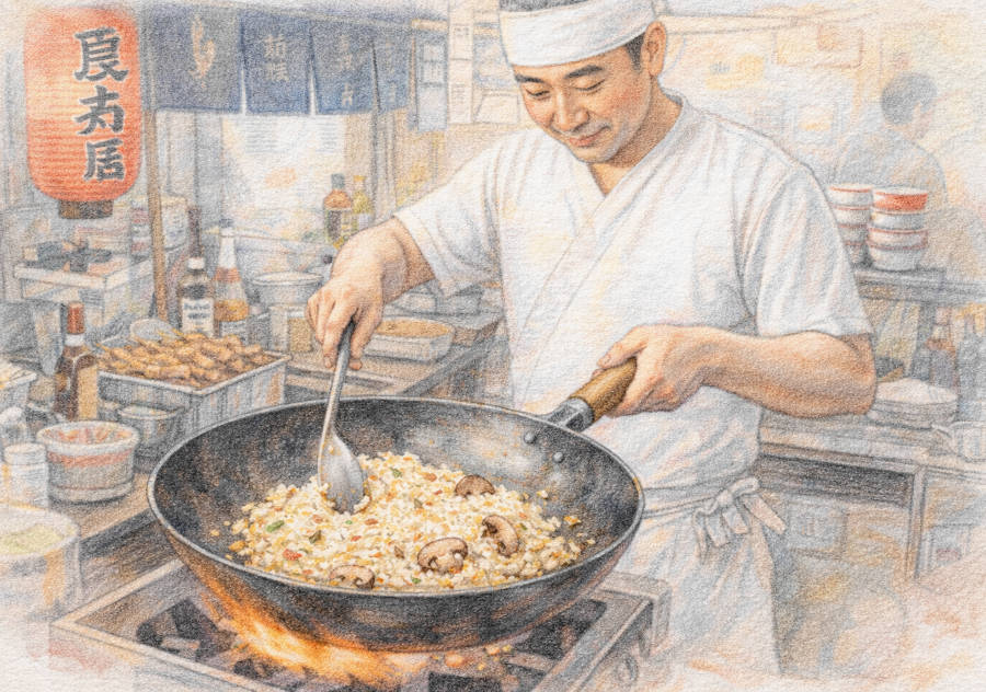 Japanischer Streetfoodkoch brät Reis im Wok