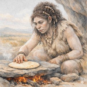 Neandertalerin beim backen von Fladenbrot 