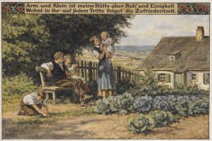 Postkartenmotiv von Paul Hey, junge Familie im Hausgarten