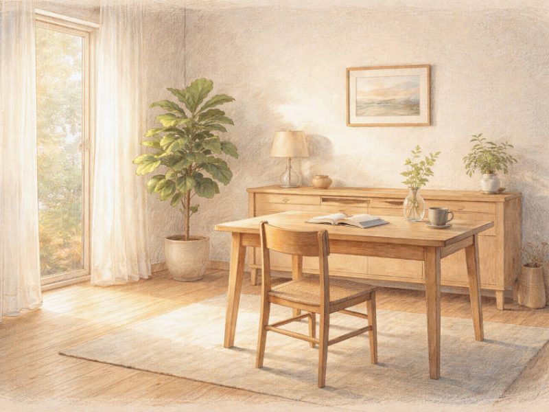 Eine zweckmäßig eingerichtetes Zimmer mit luftiger Balkontür