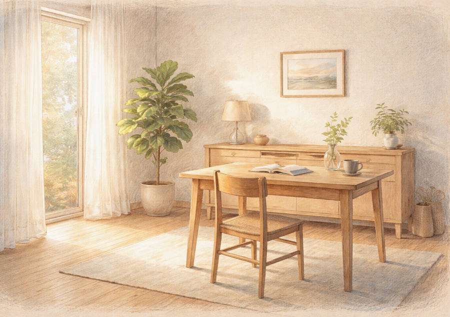 Eine zweckmäßig eingerichtetes Zimmer mit luftiger Balkontür