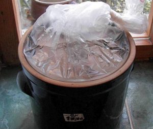 Sauerkrauttopf mit wassergefülltem Plastikbeutel verschlossen