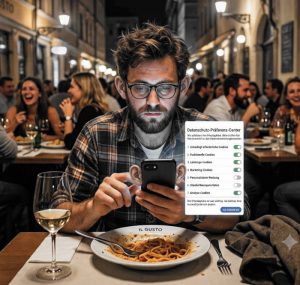 Mann im Restaurant, Handy mit Ohren