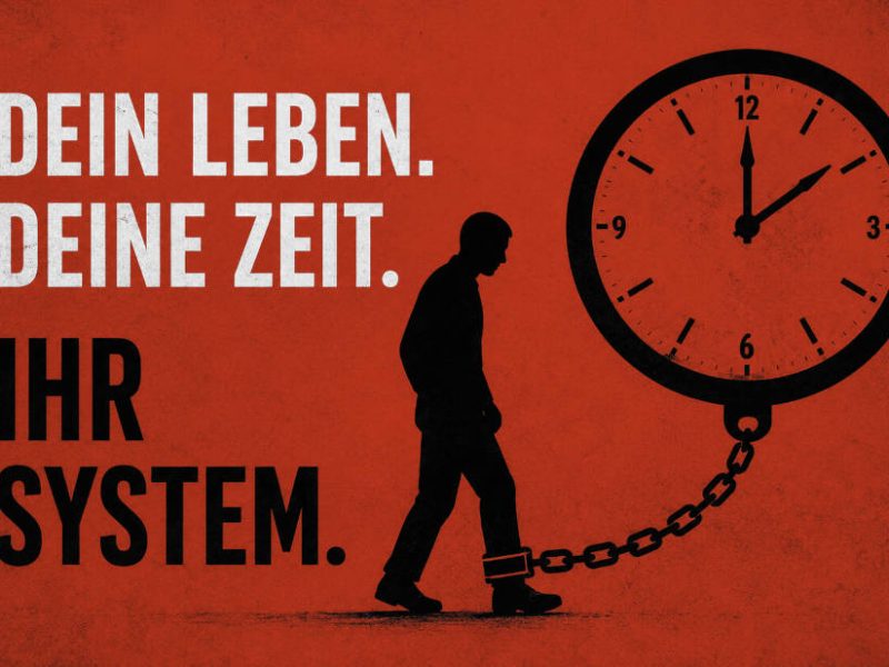 Angeketteter Mann vor einer Uhr