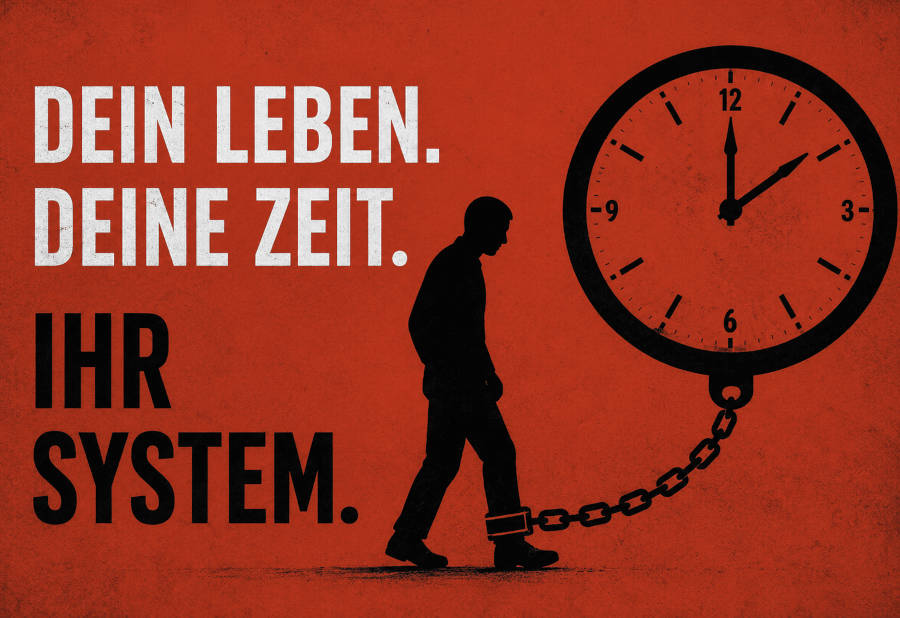 Angeketteter Mann vor einer Uhr