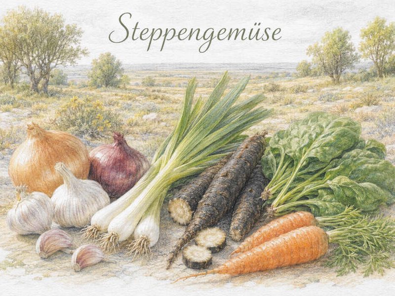 Steppengemüse-Arten, Zwiebeln, Möhren, Spinat Symbolbild